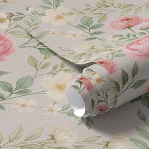 Carta da parati Peonie acquerellate e fiori bianchi su sfondo grigio-beige, Parati fiori e piante classici, a00592 : Uwalls.it