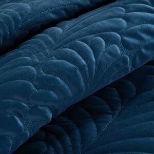 Copriletto in velluto lucido trapuntato con il tradizionale metodo di cucitura, motivo a foglie blu