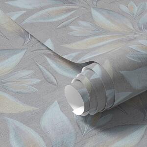 Carta da parati Grandi foglie stilizzate in una palette blu-sabbia su sfondo grigio, Parati fiori e piante classici, a00601 : Uwalls.it