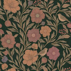 Carta da parati Fiori autunnali e uccelli su sfondo verde smeraldo intenso, Parati fiori e piante classici, a00605v1 : Uwalls.it