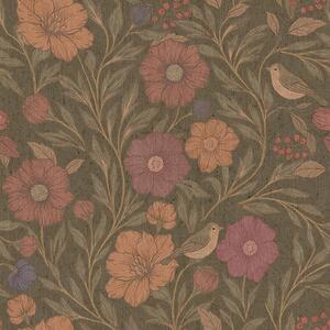 Carta da parati Fiori autunnali e uccelli su sfondo marrone oliva, Parati fiori e piante classici, a00605 : Uwalls.it