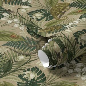 Carta da parati Camaleonti e foglie tropicali, fiori bianchi, sfondo beige, Parati fiori e piante classici, a00608 : Uwalls.it