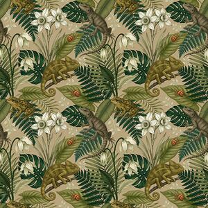Carta da parati Camaleonti e foglie tropicali, fiori bianchi, sfondo beige, Parati fiori e piante classici, a00608 : Uwalls.it