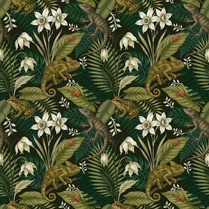 Carta da parati Camaleonti e foglie tropicali, fiori bianchi, sfondo scuro, Parati fiori e piante classici, a00608v1 : Uwalls.it