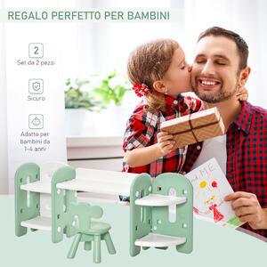HOMCOM Tavolo con Sedia per Bambini 1-4 Anni con Ripiani Laterali, Set 2 Pezzi Tavolo da Gioco per Cameretta in PE, Verde e Bianco