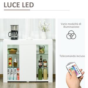 HOMCOM Credenza Moderna a Anta con Luci LED e Mensole in Vetro, Mobile Multiuso in Legno con Finitura Lucida, 97x35x83cm, Bianco