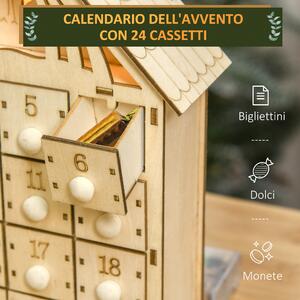 HOMCOM Calendario dell'Avvento in Legno con 24 Cassetti, Decorazione Natalizia con Presepe Intagliato e Luci, 26.6x6x30cm