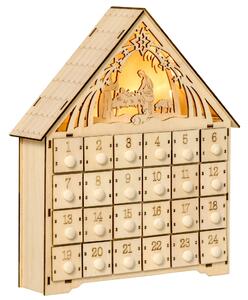 HOMCOM Calendario dell'Avvento in Legno con 24 Cassetti, Decorazione Natalizia con Presepe Intagliato e Luci, 26.6x6x30cm