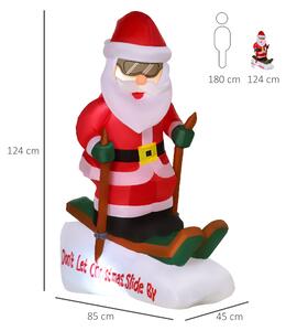 HOMCOM Babbo Natale Gonfiabile sugli Sci 124cm con 2 Luci LED e Gonfiatore, Decorazione Natalizia da Esterno