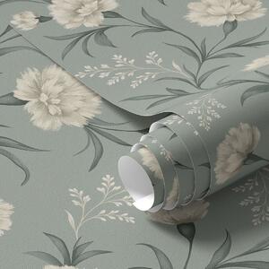Carta da parati Garofani polverosi su sfondo grigio-verde acqua, stampa raffinata, Parati fiori e piante classici, a00610 : Uwalls.it