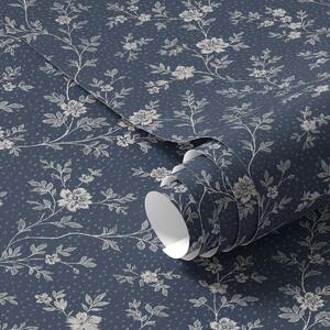 Carta da parati Sfondo blu scuro con sottili rami e fiori beige, Parati fiori e piante classici, a00612 : Uwalls.it