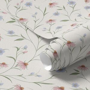 Carta da parati Margherite di campo ed echinacea su sfondo color crema, leggerezza, Parati fiori e piante classici, a00614 : Uwalls.it