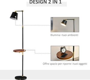 HOMCOM Lampada da Terra in Stile Vintage con Ripiano, Lampada da Pavimento Compatibile con Lampadine E27 da 40W, Metallo Nero e Oro
