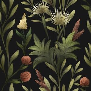 Carta da parati Erbe alte e fiori su sfondo nero, stampa dettagliata, Parati fiori e piante classici, a00620 : Uwalls.it