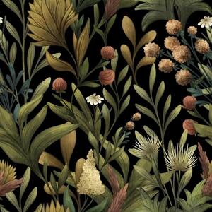 Carta da parati Giardino botanico su sfondo nero, calda tavolozza autunnale, Parati fiori e piante classici, a00619 : Uwalls.it