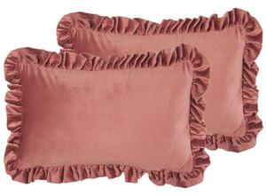 Set di due cuscini di velluto rettangolari con volant 30 x 50 cm Rosa Beliani
