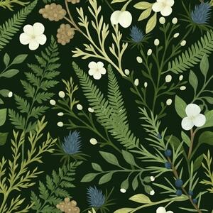 Carta da parati Erbe e bacche di bosco su sfondo verde scuro, Parati fiori e piante classici, a00621v2 : Uwalls.it
