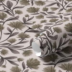 Carta da parati Fiori selvatici nei toni del grigio-oliva su sfondo crema, Parati fiori e piante classici, a00623v1 : Uwalls.it