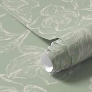 Carta da parati Fiori grandi lineari, tratti di gesso su sfondo salvia, Parati fiori e piante classici, a00625v1 : Uwalls.it