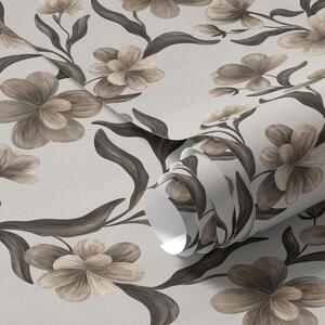 Carta da parati Fiori beige e rami scuri su sfondo grigio chiaro, Parati fiori e piante classici, a00626v1 : Uwalls.it