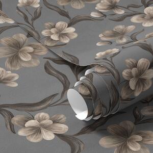 Carta da parati Fiori beige su sfondo grigio grafite, Parati fiori e piante classici, a00626v4 : Uwalls.it