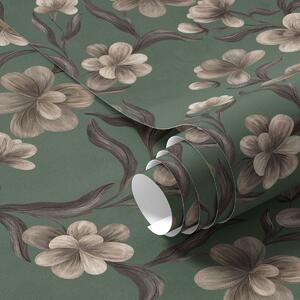 Carta da parati Fiori beige su uno sfondo verde intenso, Parati fiori e piante classici, a00626v3 : Uwalls.it