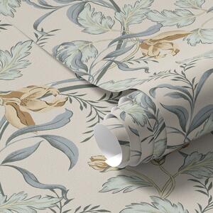 Carta da parati Fiori vintage con fogliame blu su sfondo color crema, Parati fiori e piante classici, a00717 : Uwalls.it
