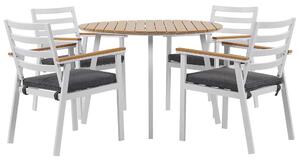 Set da pranzo all'aperto tavolo rotondo a 4 posti in alluminio bianco sedie a doghe da 105 cm con imbottiture grigie Beliani