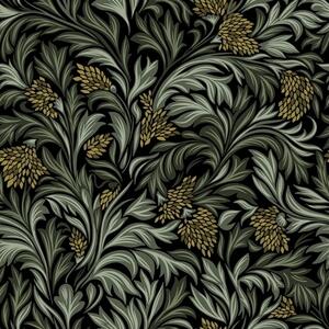 Carta da parati Foglie di acanto scure con coni gialli su sfondo nero, Parati fiori e piante classici, a00745 : Uwalls.it