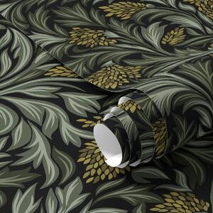 Carta da parati Foglie di acanto scure con coni gialli su sfondo nero, Parati fiori e piante classici, a00745 : Uwalls.it
