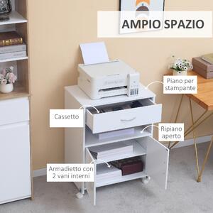 Vinsetto Mobile Porta Stampante con Cassetto e Armadietto, Mobiletto Basso Multiuso in Legno con 4 Ruote, 60x39x80cm, Bianco