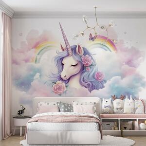 Carta da parati Unicorno pastello tra le nuvole con arcobaleno e rose, Carta da parati per Bambini, Carta da parati gli unicorni, w03990 : Uwalls.it
