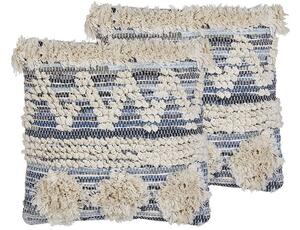 Set di 2 cuscini boho in cotone con motivo geometrico 45 x 45 cm beige e blu Beliani