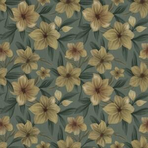 Carta da parati Fiori ocra su sfondo verde intenso, motivo fitto, Parati fiori e piante classici, a00628 : Uwalls.it