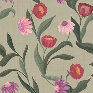 Carta da parati Fiori rosa-rossi su sfondo oliva, texture tela, Parati fiori e piante classici, a00631v1 : Uwalls.it