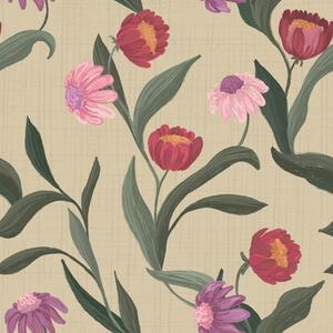 Carta da parati Fiori rosa-rossi su sfondo beige, texture disegnata a mano, Parati fiori e piante classici, a00631 : Uwalls.it