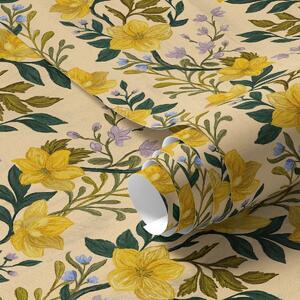 Carta da parati Fiori gialli in ghirlande verticali su sfondo color crema, Parati fiori e piante classici, a00632 : Uwalls.it