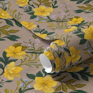 Carta da parati Fiori gialli in ghirlande verticali su sfondo tortora, Parati fiori e piante classici, a00632v1 : Uwalls.it