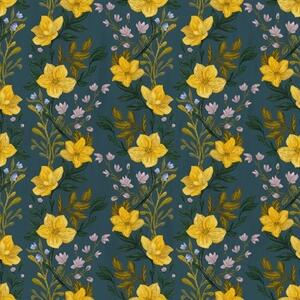 Carta da parati Fiori gialli in ghirlande verticali su sfondo blu scuro, Parati fiori e piante classici, a00632v2 : Uwalls.it