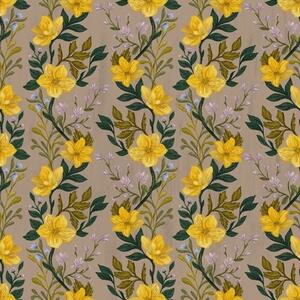 Carta da parati Fiori gialli in ghirlande verticali su sfondo tortora, Parati fiori e piante classici, a00632v1 : Uwalls.it