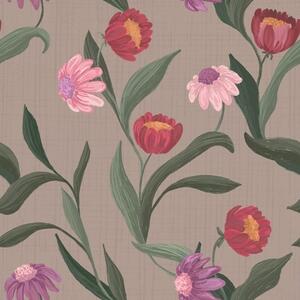 Carta da parati Fiori rosa-rossi su sfondo tortora, steli lunghi, Parati fiori e piante classici, a00631v2 : Uwalls.it