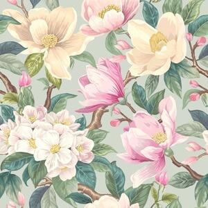 Carta da parati Magnolie e fiori bianchi su sfondo grigio menta, Parati fiori e piante classici, a00644 : Uwalls.it