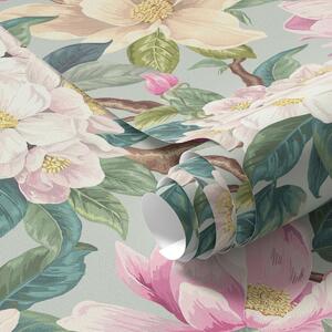 Carta da parati Magnolie e fiori bianchi su sfondo grigio menta, Parati fiori e piante classici, a00644 : Uwalls.it