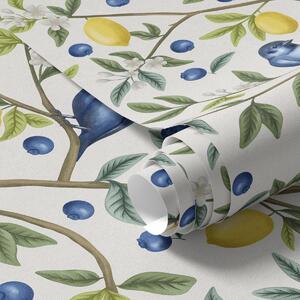 Carta da parati Uccellini blu, limoni e bacche su sfondo bianco, Parati fiori e piante classici, a00668 : Uwalls.it