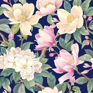Carta da parati Magnolie e boccioli su uno sfondo blu navy intenso, Parati fiori e piante classici, a00644v1 : Uwalls.it