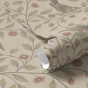 Carta da parati Uccelli su rami fioriti, sfondo beige caldo, Parati fiori e piante classici, a00670 : Uwalls.it