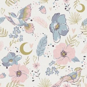 Carta da parati Uccelli e fiori dai colori pastello con mezzelune su sfondo bianco, Parati fiori e piante classici, a00721 : Uwalls.it