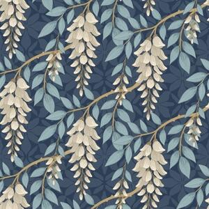 Carta da parati Glicine con foglie blu su sfondo blu scuro, Parati fiori e piante classici, a00694v2 : Uwalls.it
