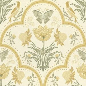 Carta da parati Ornamento con tulipano, uccelli e farfalle, ocra, Parati fiori e piante classici, a00722 : Uwalls.it