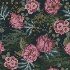 Carta da parati Flora scura con fiori e foglie rosa, sfondo intenso, Parati fiori e piante classici, a00724 : Uwalls.it